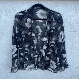 Sheer Black Floral Blouse w/ Ruffle Details SZ SM - Whimsygoth Romantic Grunge